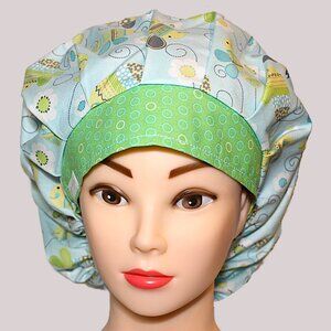 New Bouffant Scrub Cap Baby Bees, Handmade - Green dots